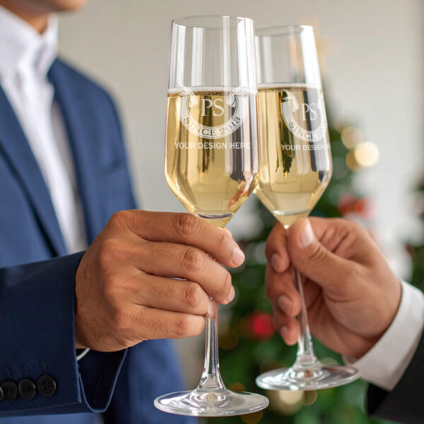 Relatiegeschenk, Gepersonaliseerd champagneglas met logo gravure