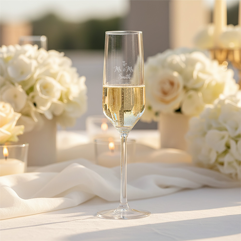 champagneglas graveren Personalsurprise sfeer foto 2 | Gepersonaliseerde cadeaus Gepersonaliseerd champagneglas met gravure voor bruiloft als uniek huwelijkscadeau