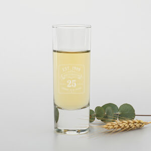 Shotglas graveren met jaartal 1999 en jubileum ontwerp