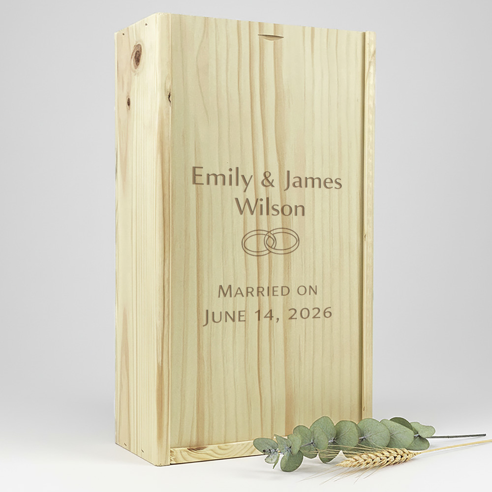 Wijnkist graveren 2-vaks met schuifdeksel, ideaal voor gepersonaliseerde geschenken met eigen ontwerp of logo.