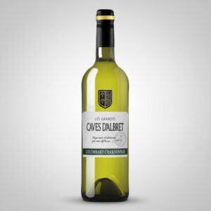 "Fles Caves d'Albret Colombard Chardonnay witte wijn met wit etiket en groene accenten."