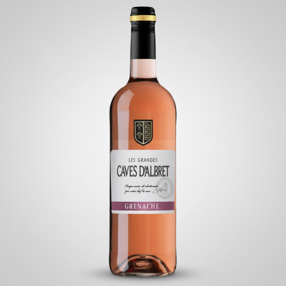 "Fles Caves d'Albret Grenache rosé met wit etiket en paarse accenten."