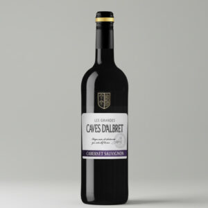 "Fles Caves d'Albret Cabernet Sauvignon met wit etiket en paarse accenten."