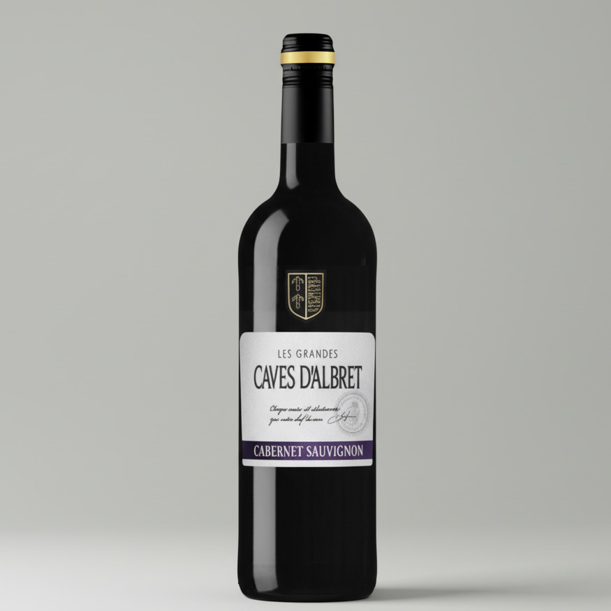 "Fles Caves d'Albret Cabernet Sauvignon met wit etiket en paarse accenten."