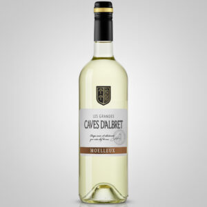 "Fles Caves d'Albret Moelleux witte wijn met wit etiket en bronskleurige accenten."