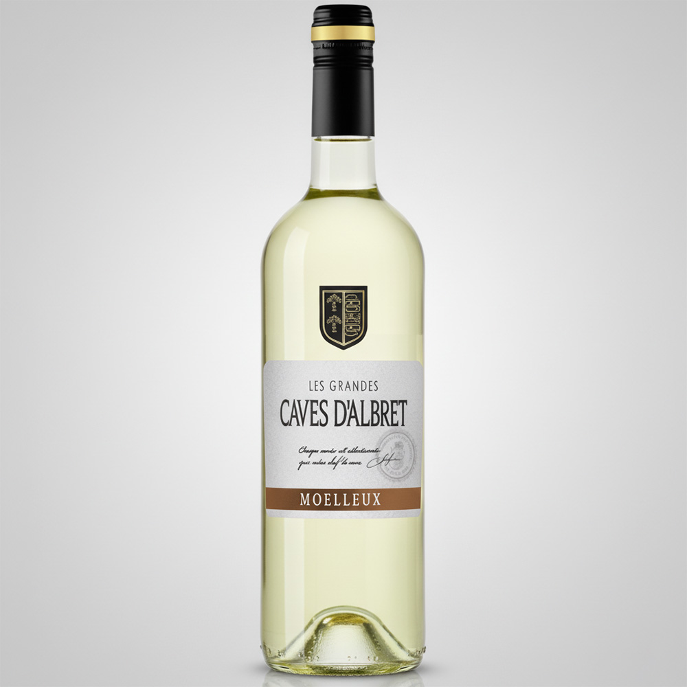 Generated Image December 09 2025 3 39PM | Gepersonaliseerde cadeaus "Fles Caves d'Albret Moelleux witte wijn met wit etiket en bronskleurige accenten."