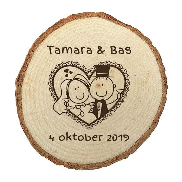 boomstamschijfje graveren klein houten onderzetter PersonalSurprise huwelijk | Gepersonaliseerde cadeaus Houten onderzetter voor huwelijk met gravure