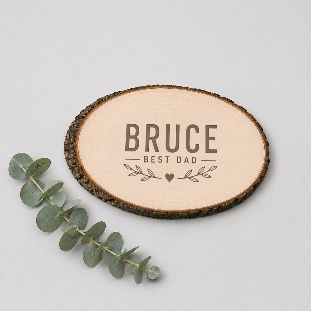 Boomstamshijf graveren met naam Bruce en Best Dad tekst