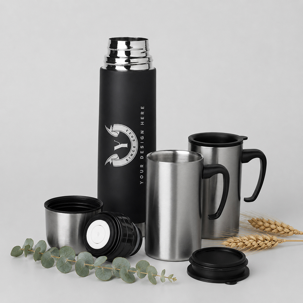 Thermoskan set met beker in zwart en zilverkleurig RVS