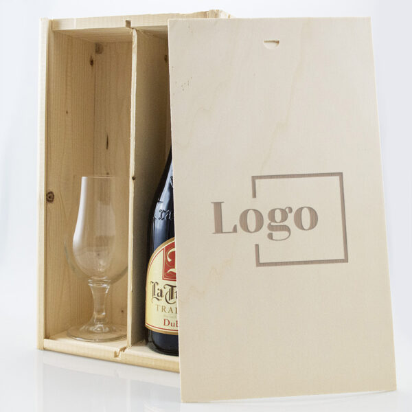 Bierpakket met gegraveerd bierglas voor 1 bierfles en 1 bierglas met schuifdeksel, ideaal voor gepersonaliseerde geschenken met eigen ontwerp of logo.