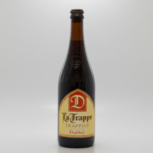 "Fles La Trappe Dubbel Trappist met beige-rood etiket."
