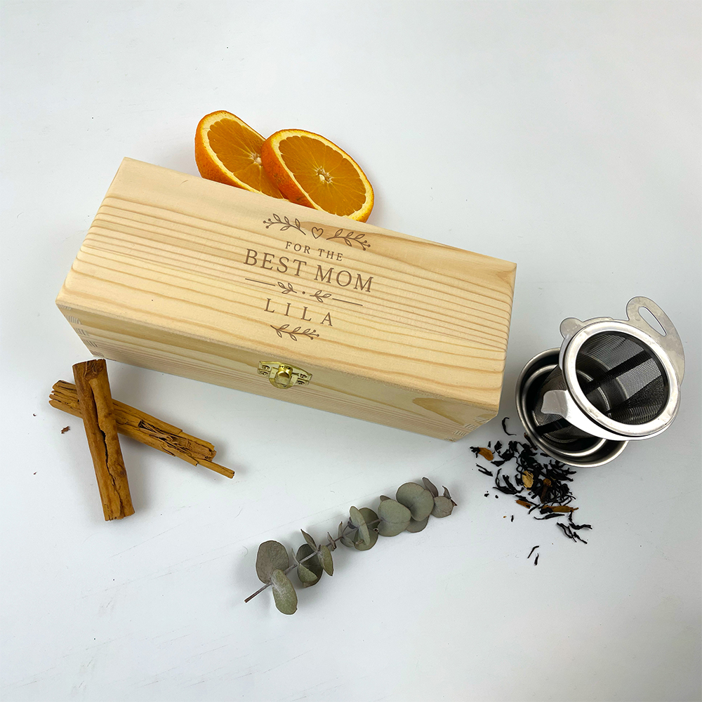 Theedoos 3 vaks graveren met For The Best Mom ontwerp en thee accessoires