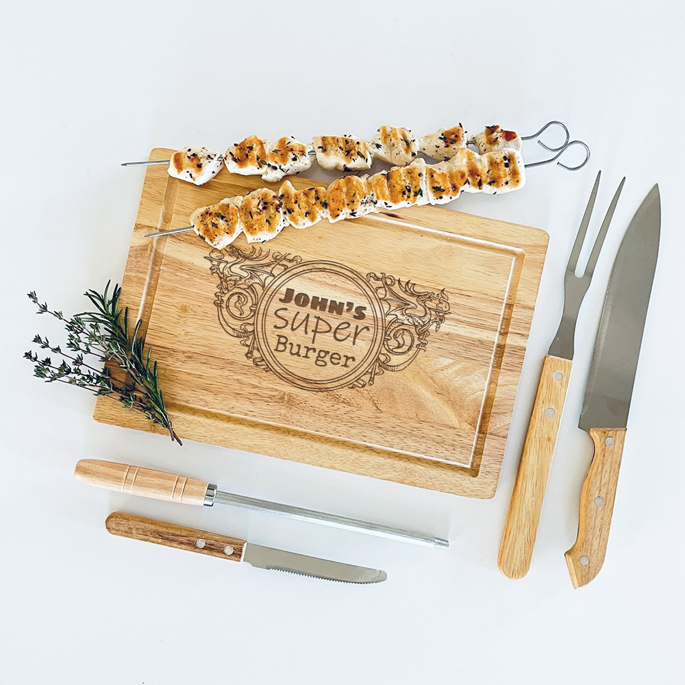 Bbq set met vleesplank sfeer mannen cadeau mannencadeau vaderdag barbecue vlees grillen master burger | Gepersonaliseerde cadeaus BBQ set met vleesplank voor het grillen van burgers