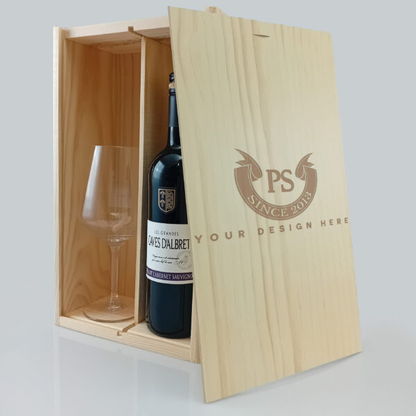 Wijnpakket met gegraveerd groot wijnglas, twee vakken, ideaal voor zakelijke en persoonlijke geschenken, met uniek logo
