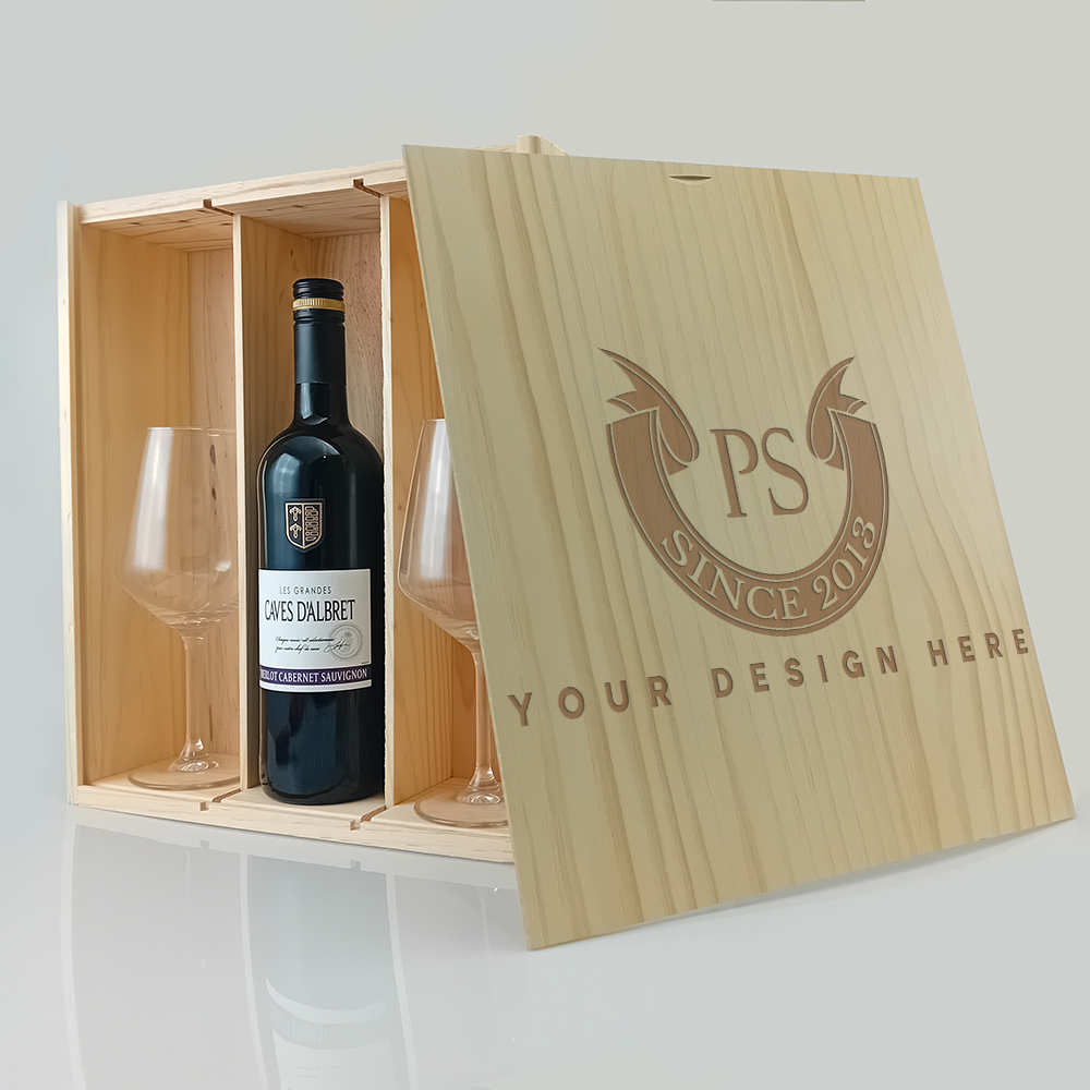 wijnkist pakket 3vaks graveren met gegraveerd wijnglas zakelijk persoonlijk uniek geschenk cadeau eigen logo.jpg | Gepersonaliseerde cadeaus Wijnpakket met gegraveerde grote wijnglazen, 3 vakken. professioneel en persoonlijk