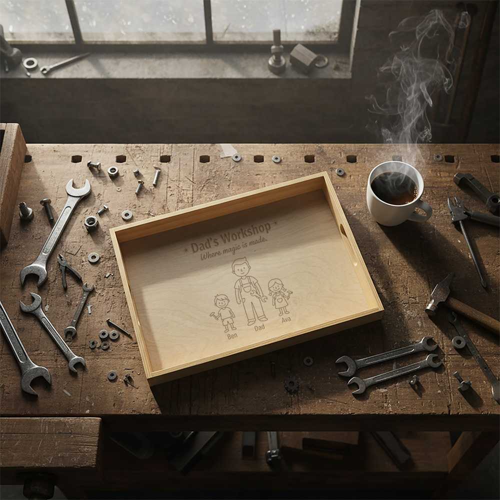 Dienblad graveren Personalsurprise sfeer foto 2 | Gepersonaliseerde cadeaus Houten dienblad met gravure gebruikt in werkplaats