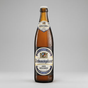 "Fles Weihenstephaner Hefe Weissbier met blauw-wit etiket en condensdruppels."