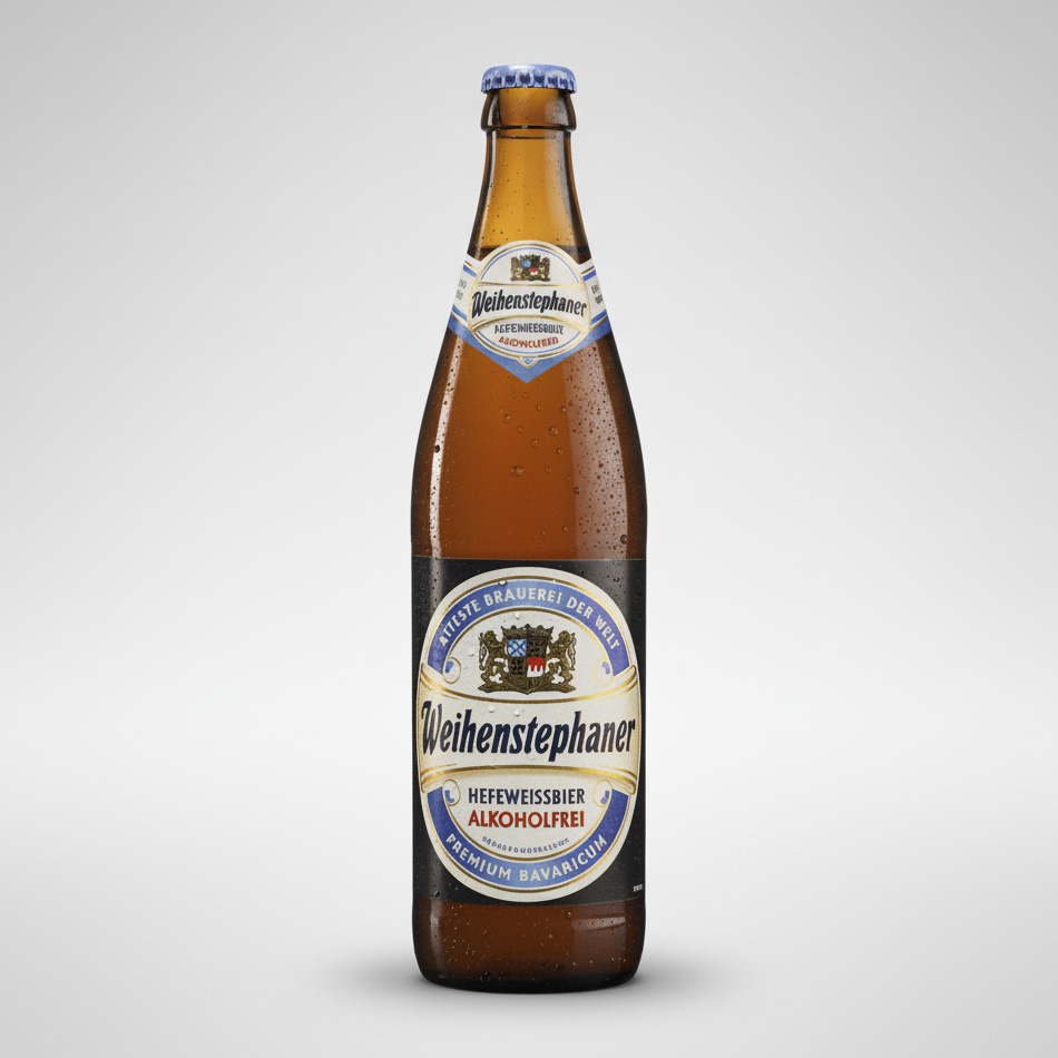 "Fles Weihenstephaner Hefeweissbier Alkoholfrei met blauw-wit etiket en condensdruppels."