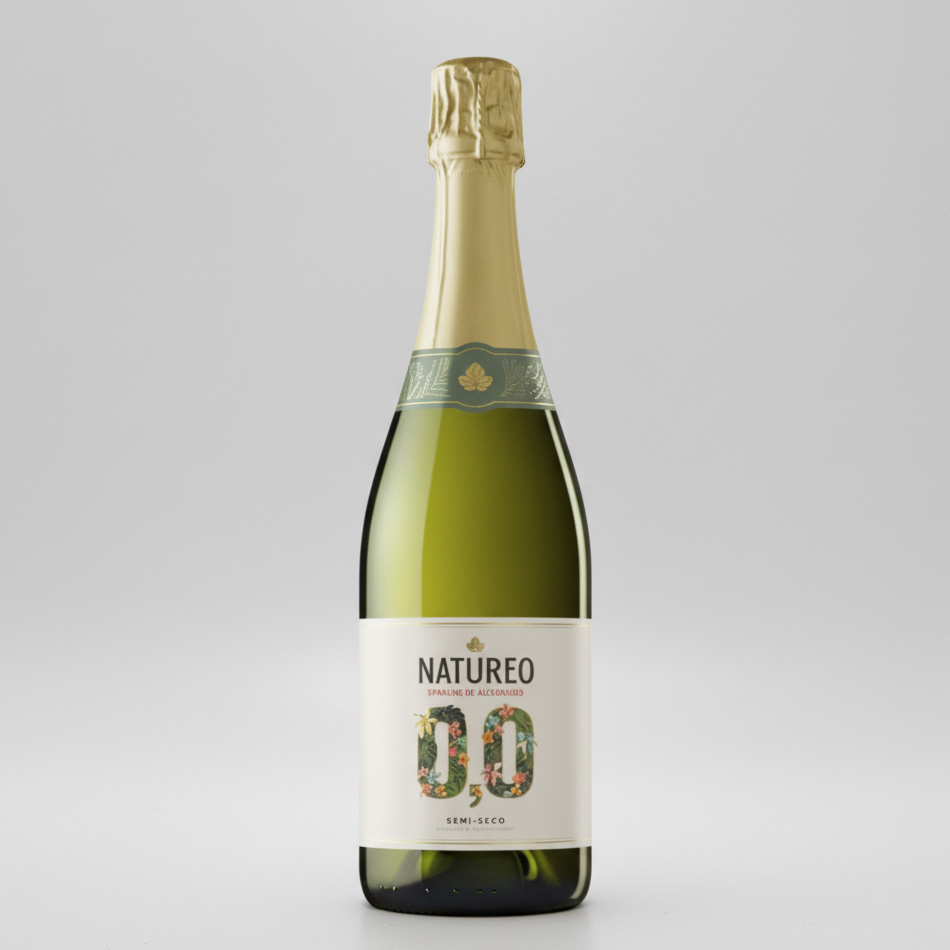 "Fles Natureo 0.0 semi-seco alcoholvrije mousserende wijn met goudfolie en wit etiket."