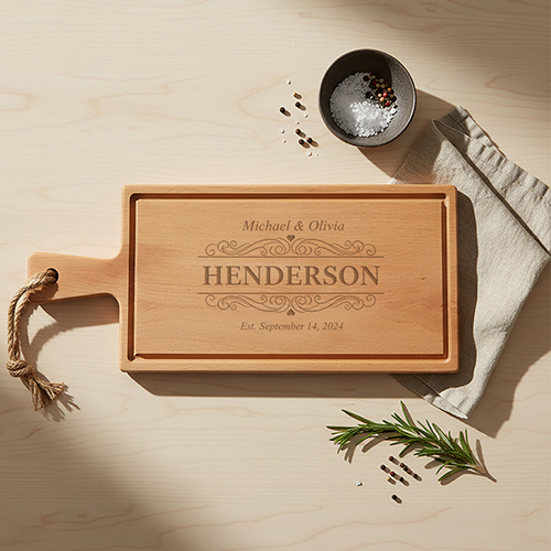 Gepersonaliseerd cadeau: Steakplank met handvat graveren, perfect voor stijlvol serveren van steaks.